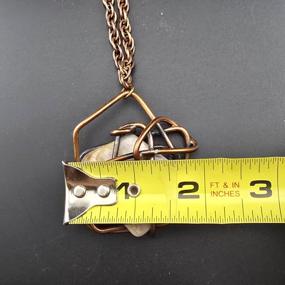 Vintage Copper Wire Wrapped Pendant Necklace W/ Stone Center & Chain By Kim - Picture 8 of 10